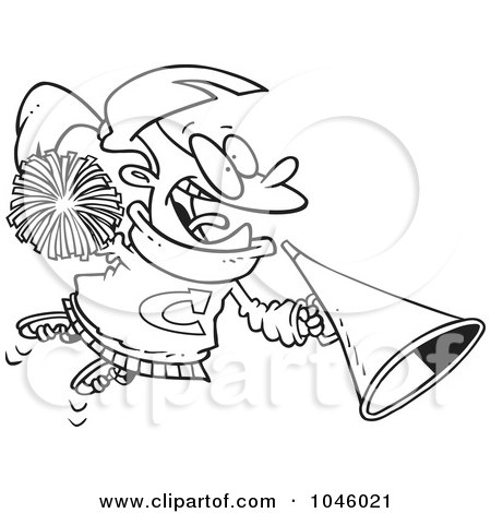 Royalty-Free (RF) Clip Art Illustration of a Cartoon Black And White Outline Design Of A Cheerleader Girl With A Cone by toonaday
