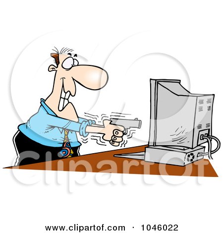 Royalty-Free (RF) Clip Art Illustration of a Cartoon Businessman Shooting A Computer by toonaday
