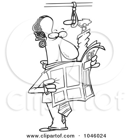 Royalty-Free (RF) Clip Art Illustration of a Cartoon Black And White Outline Design Of A Commuting Black Businessman With His Foot Up In A Handle by toonaday