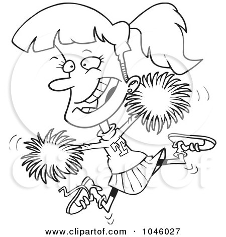 Royalty-Free (RF) Clip Art Illustration of a Cartoon Black And White Outline Design Of A Cheerleader Girl by toonaday