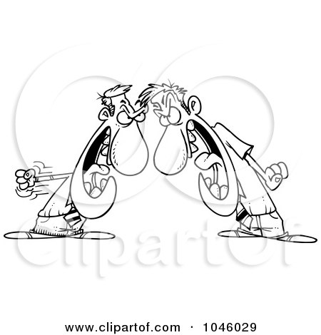 Royalty-Free (RF) Clip Art Illustration of a Cartoon Black And White Outline Design Of Businessmen Having A Conflict by toonaday