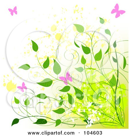 Royalty-Free (RF) Clipart Illustration of a Summer Grunge Background Of Pink Butterflies With Green Vines Over Yellow Splatters On White by Pushkin