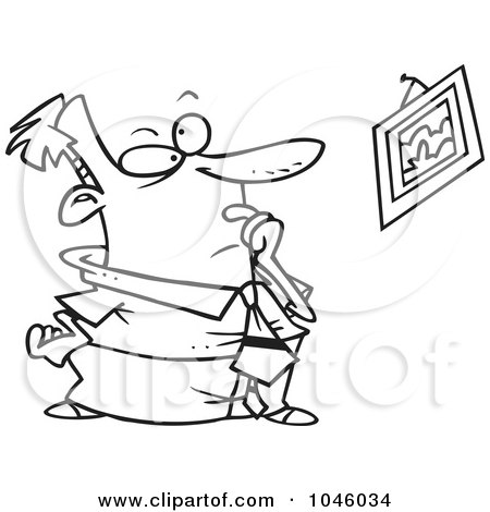 Royalty-Free (RF) Clip Art Illustration of a Cartoon Black And White Outline Design Of A Businessman Staring At A Crooked Picture by toonaday