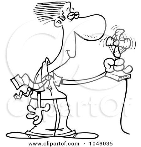 Royalty-Free (RF) Clip Art Illustration of a Cartoon Black And White Outline Design Of A Businessman Cooling Off In Front Of A Fan by toonaday