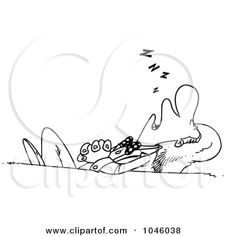 Royalty-Free (RF) Clip Art Illustration of a Cartoon Black And White Outline Design Of A Businessman Sleeping At His Desk by toonaday