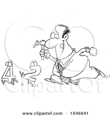 Royalty-Free (RF) Clip Art Illustration of a Cartoon Black And White Outline Design Of A Black Businessman Crunching Numbers by toonaday