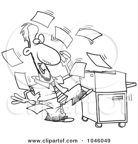 Royalty-Free (RF) Clip Art Illustration of a Cartoon Black And White Outline Design Of A Businessman By A Crazy Copier by toonaday