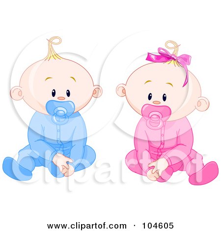 Royalty-Free (RF) Clipart Illustration of Boy And Girl Baby Twins With Pacifiers, Sitting Up And Facing Front by Pushkin