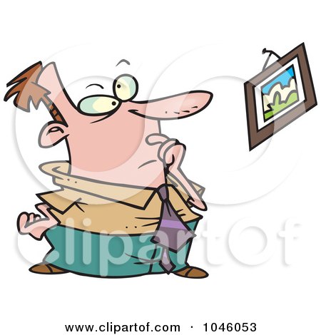 Royalty-Free (RF) Clip Art Illustration of a Cartoon Businessman Staring At A Crooked Picture by toonaday