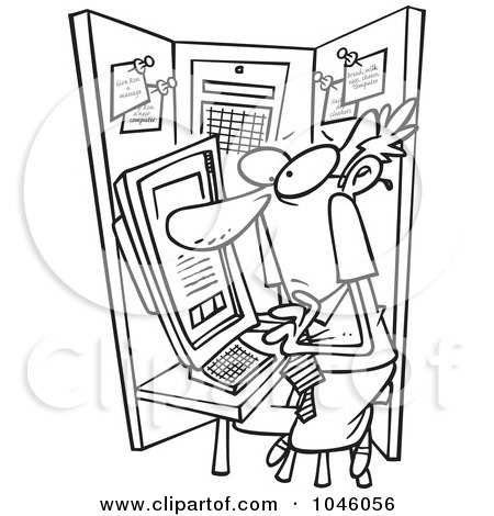 Royalty-Free (RF) Clip Art Illustration of a Cartoon Black And White Outline Design Of A Businessman Crammed In A Cubicle by toonaday