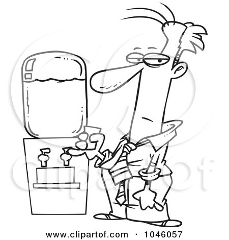 Royalty-Free (RF) Clip Art Illustration of a Cartoon Black And White Outline Design Of A Businessman By A Water Cooler by toonaday
