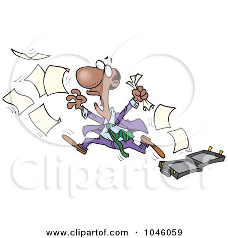 Royalty-Free (RF) Clip Art Illustration of a Cartoon Black Businessman Chasing After Paperwork by toonaday