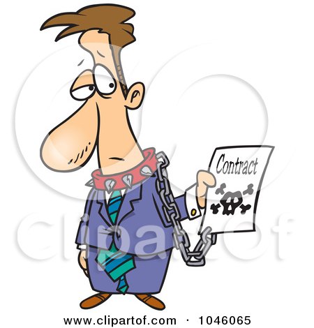 Royalty-Free (RF) Clip Art Illustration of a Cartoon Businessman Chained To A Contract by toonaday