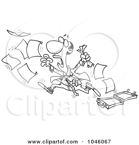 Royalty-Free (RF) Clip Art Illustration of a Cartoon Black And White Outline Design Of A Black Businessman Chasing After Paperwork by toonaday
