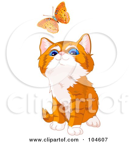 Royalty-Free (RF) Clipart Illustration of a Cute Orange Kitten Looking Up At A Flying Butterfly by Pushkin