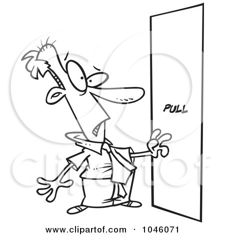 Royalty-Free (RF) Clip Art Illustration of a Cartoon Black And White Outline Design Of A Businessman Facing A Door Without A Handle by toonaday