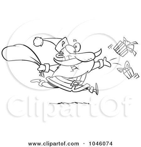 Royalty-Free (RF) Clip Art Illustration of a Cartoon Black And White Outline Design Of Santa Tossing Gifts by toonaday