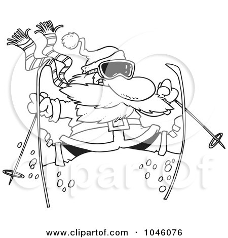Royalty-Free (RF) Clip Art Illustration of a Cartoon Black And White Outline Design Of A Skiing Santa by toonaday