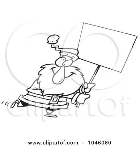 Royalty-Free (RF) Clip Art Illustration of a Cartoon Black And White Outline Design Of Santa Carrying A Blank Sign by toonaday