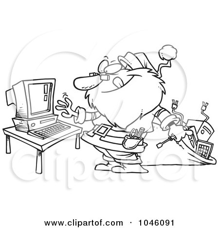 Royalty-Free (RF) Clip Art Illustration of a Cartoon Black And White Outline Design Of A Computer Repair Santa by toonaday