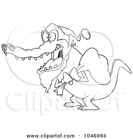 Royalty-Free (RF) Clip Art Illustration of a Cartoon Black And White Outline Design Of A Santa Alligator by toonaday