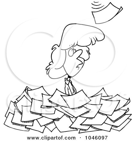 Royalty-Free (RF) Clip Art Illustration of a Cartoon Black And White Outline Design Of A Woman Standing In A Pile Of Paperwork by toonaday