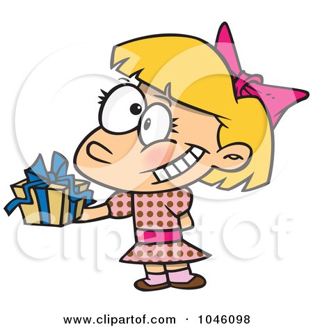 Royalty-Free (RF) Clip Art Illustration of a Cartoon Girl Holding A Gift At A Party by toonaday