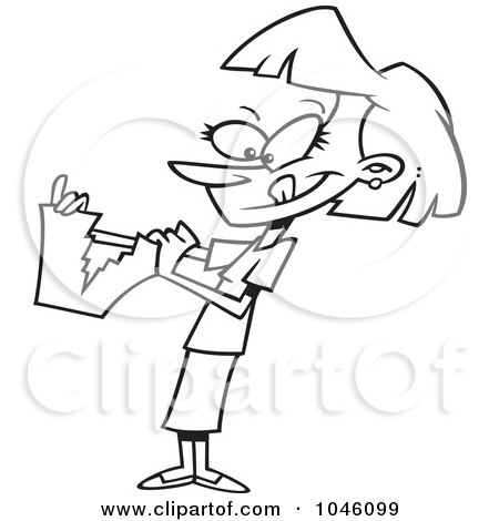 Royalty-Free (RF) Clip Art Illustration of a Cartoon Black And White Outline Design Of A Businesswoman Tearing Up Paperwork by toonaday