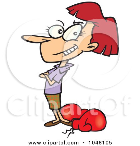 Royalty-Free (RF) Clip Art Illustration of a Cartoon Confident Businesswoman Standing By Boxing Gloves by toonaday