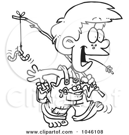 Royalty-Free (RF) Clip Art Illustration of a Cartoon Black And White Outline Design Of A Country Boy Carrying A Fishing Pole by toonaday