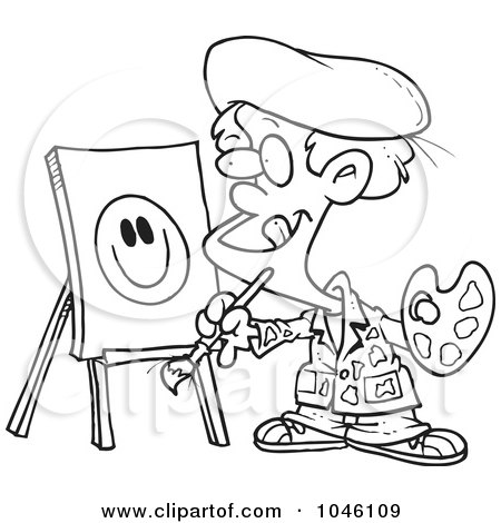 Royalty-Free (RF) Clip Art Illustration of a Cartoon Black And White Outline Design Of A Boy Painting A Smiley Face by toonaday