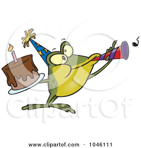 Royalty-Free (RF) Clip Art Illustration of a Cartoon Birthday Frog Holding A Cake And Using A Noise Maker by toonaday