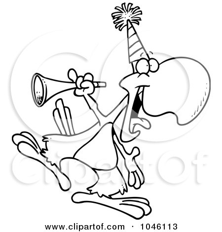 Royalty-Free (RF) Clip Art Illustration of a Cartoon Black And White Outline Design Of A Party Parrot With A Horn by toonaday
