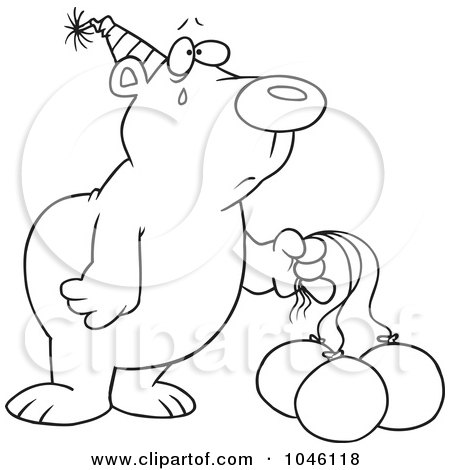 Royalty-Free (RF) Clip Art Illustration of a Cartoon Black And White Outline Design Of A Birthday Bear With Deflating Balloons by toonaday