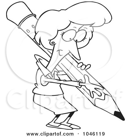 Royalty-Free (RF) Clip Art Illustration of a Cartoon Black And White Outline Design Of A Businesswoman Writing With A Pencil by toonaday
