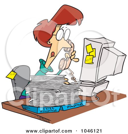 Royalty-Free (RF) Clip Art Illustration of a Cartoon Businesswoman Going Over Pending Paperwork by toonaday