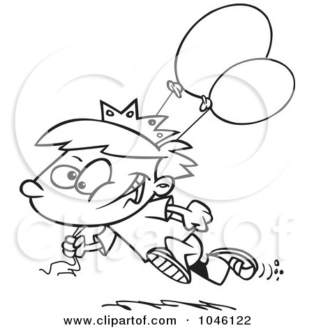 Royalty-Free (RF) Clip Art Illustration of a Cartoon Black And White Outline Design Of A Birthday Boy Running With Balloons by toonaday