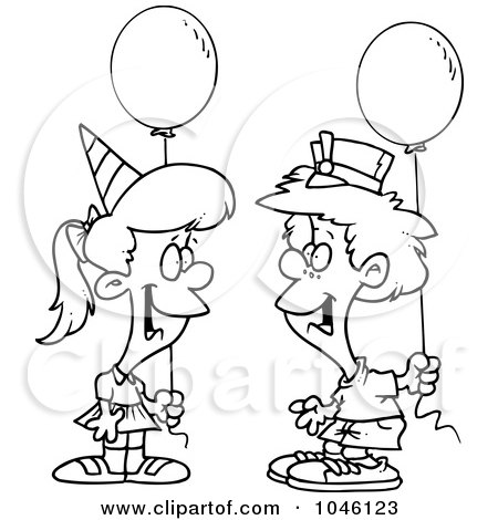 Royalty-Free (RF) Clip Art Illustration of a Cartoon Black And White Outline Design Of A Birthday Boy And Girl With Balloons by toonaday