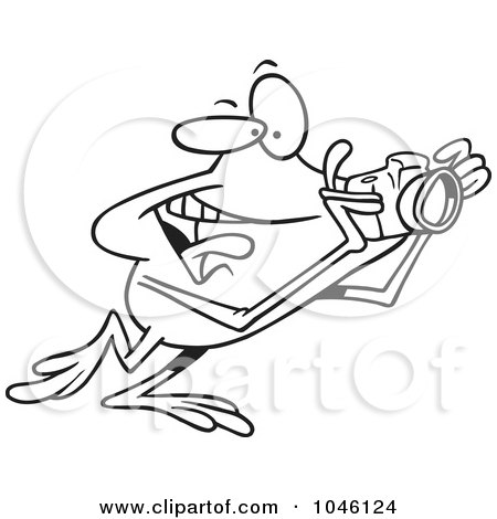 Royalty-Free (RF) Clip Art Illustration of a Cartoon Black And White Outline Design Of A Happy Photography Frog by toonaday
