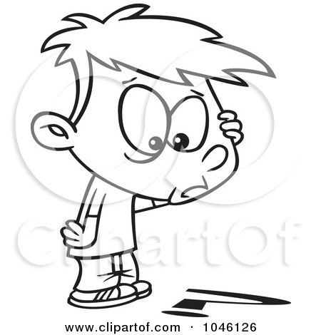 Royalty-Free (RF) Clip Art Illustration of a Cartoon Black And White Outline Design Of A Confused Boy Looking Down At A Question Mark by toonaday