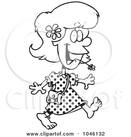 Royalty-Free (RF) Clip Art Illustration of a Cartoon Black And White Outline Design Of A Barefoot Country Girl by toonaday