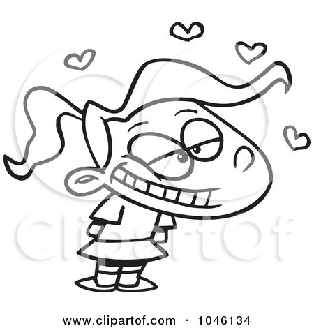 Royalty-Free (RF) Clip Art Illustration of a Cartoon Black And White Outline Design Of A Girl With A Crush by toonaday