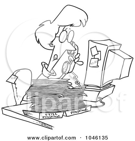 Royalty-Free (RF) Clip Art Illustration of a Cartoon Black And White Outline Design Of A Businesswoman Going Over Pending Paperwork by toonaday