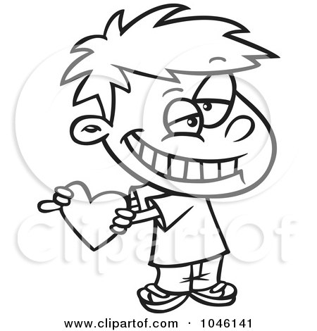Royalty-Free (RF) Clip Art Illustration of a Cartoon Black And White Outline Design Of A Boy Holding A Valentine Heart by toonaday