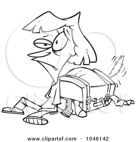 Royalty-Free (RF) Clip Art Illustration of a Cartoon Black And White Outline Design Of An Exhausted Woman By Her Packed Suitcase by toonaday