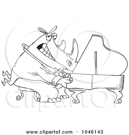 Royalty-Free (RF) Clip Art Illustration of a Cartoon Black And White Outline Design Of A Rhino Pianist by toonaday