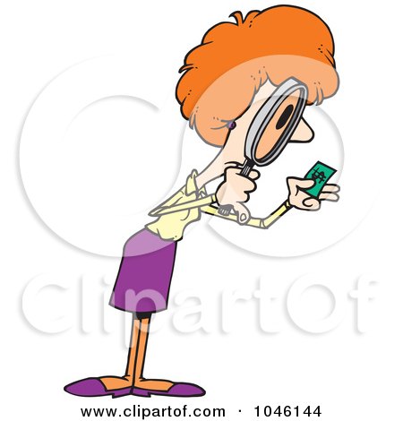 Royalty-Free (RF) Clip Art Illustration of a Cartoon Businesswoman Viewing Money Through A Magnifying Glass by toonaday