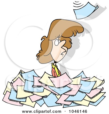 Royalty-Free (RF) Clip Art Illustration of a Cartoon Woman Standing In A Pile Of Paperwork by toonaday