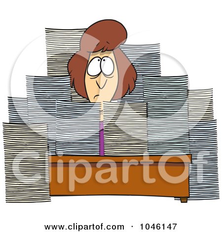 Royalty-Free (RF) Clip Art Illustration of a Cartoon Businesswoman Sitting At Her Desk With Stacks Of Paperwork by toonaday