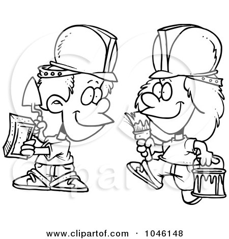Royalty-Free (RF) Clip Art Illustration of a Cartoon Black And White Outline Design Of Construction Kids by toonaday